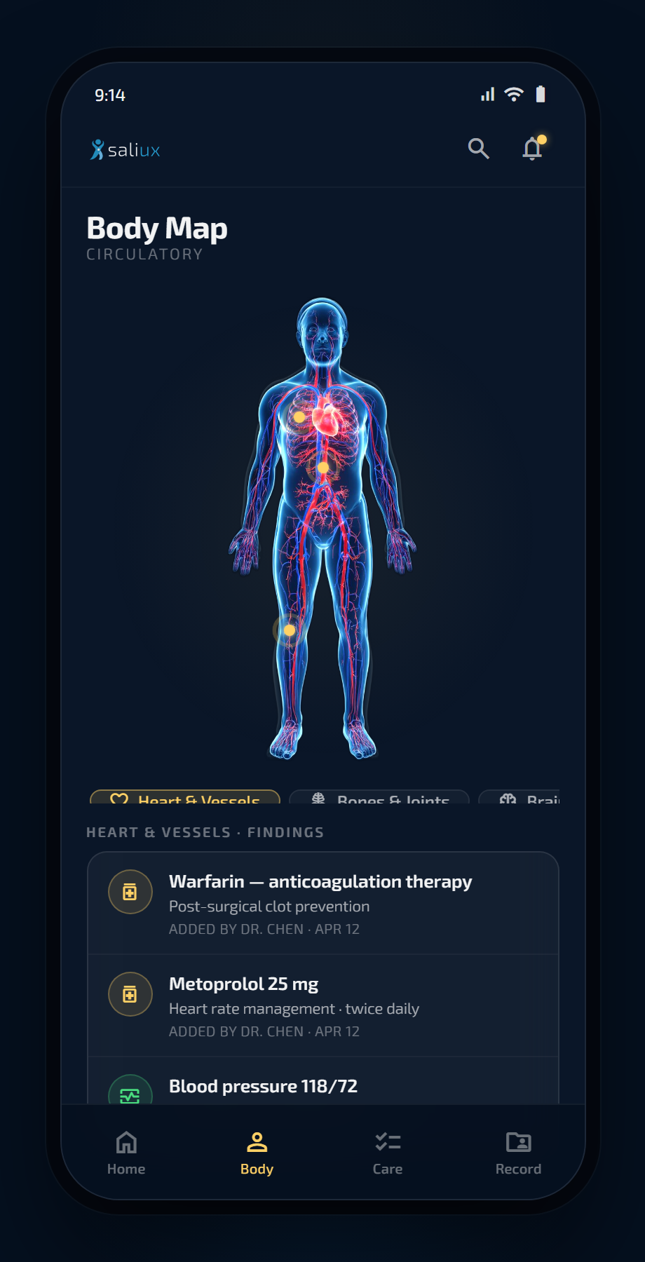 Saliux Health body map view