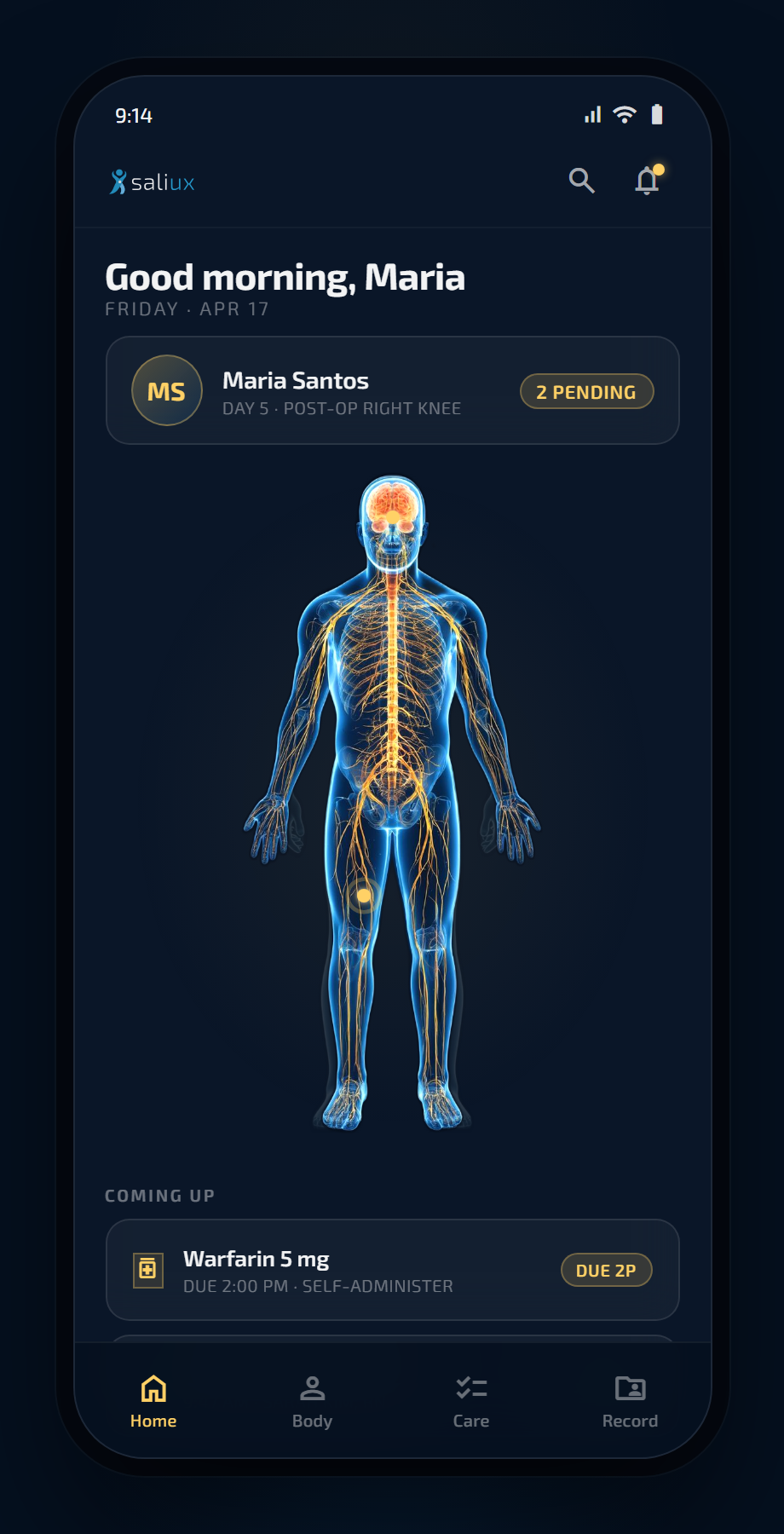 Saliux Health — patient body map home screen